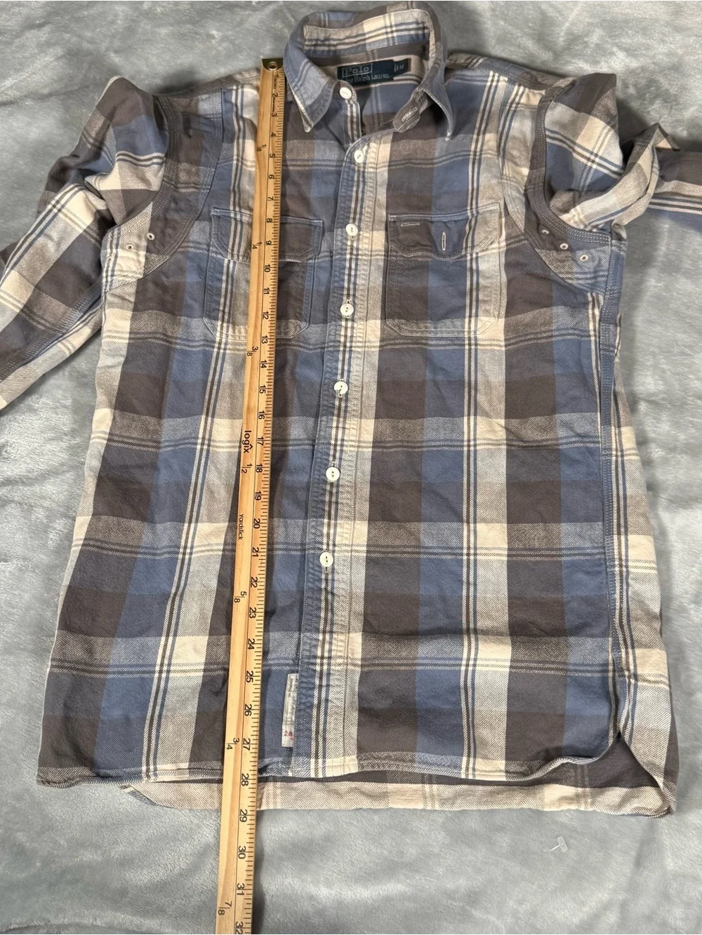 Polo Ralph Lauren Captain Flannel Work Shirt Mens M Slim Fit Plaid Blue